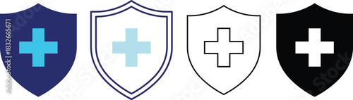Four shield icons with medical cross symbols in different styles health protection