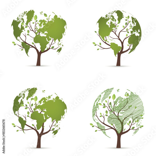 Collection, green ball on a tree. Set, tree with ball. Eco-friendly world. Ecological concept aimed at saving the planet. World Environment Day.