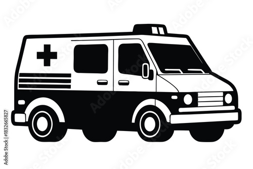 ambulance black and white silhouette on white background