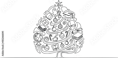 Continuous line art christmas tree of academic symbols: books, globe, graduation cap, diploma, festive ornaments. learning, knowledge, joy.
