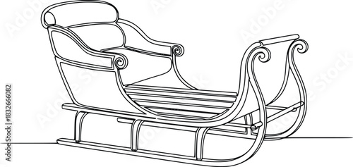 One continuous line drawing of vintage christmas sleigh ready for santa claus to deliver gifts. holiday season winter vehicle isolated vector illustration.