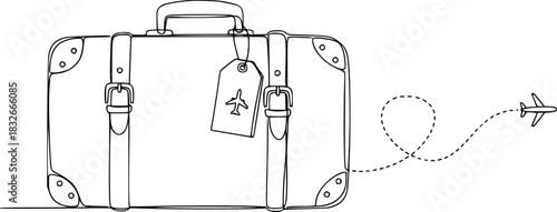 One continuous line drawing of a vintage travel suitcase with a luggage tag and an airplane flying on a dotted path. concept of journey and vacation planning.