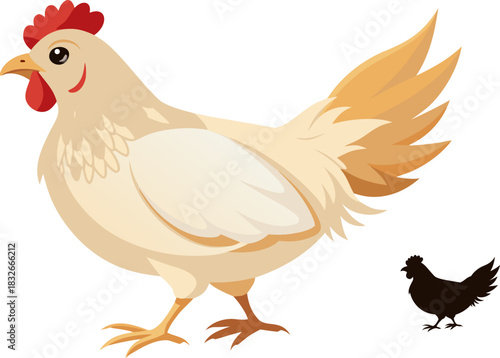 A mother hen with her fluffy chicks standing together on a farm scene