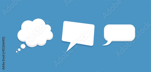 Three white speech and thought bubbles on a blue background speech bubble dialogue