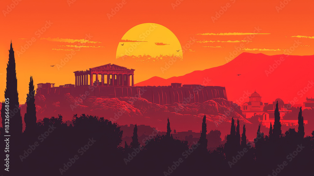 Obraz premium Ancient temple silhouette against a vibrant sunset sky with rolling hills and cypress trees.