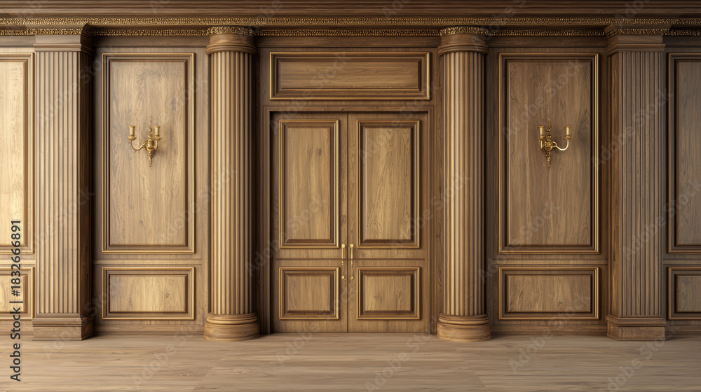 Naklejka premium Elegant wood-paneled room with double doors fluted columns and ornate wall sconces.