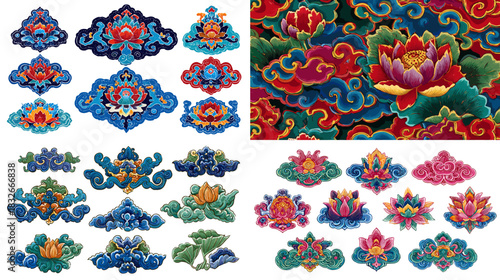 Intricate lotus and cloud decorative motifs in rich colors inspired by traditional Asian art, perfect for ornamental elements, cultural themes, and spiritual designs.