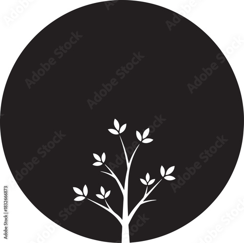 Minimalist Tree Silhouette in Black Circle Moon Night Vector