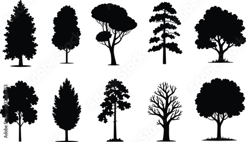 Collection of detailed tree silhouettes showcasing diverse natural shapes for landscape design, nature illustration projects, botanical artwork, forest elements, and vector graphics resources.