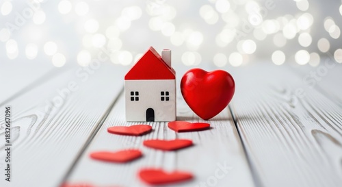 Toy house and heart on wooden surface against blurred lights. A symbol of love, safety and home. Home Sweet Home, family values, domestic harmony.