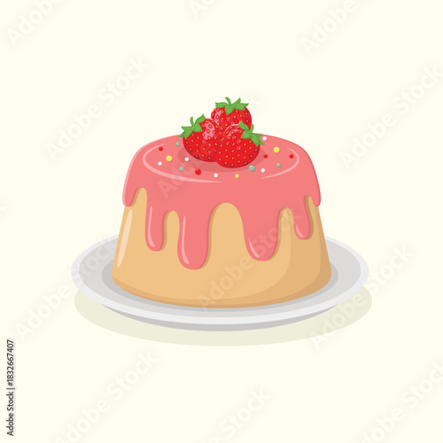 Cute little cake covered in icing and decorated with three strawberries and colourful sprinkles. Sweet dessert vector illustration. Birthday cake.