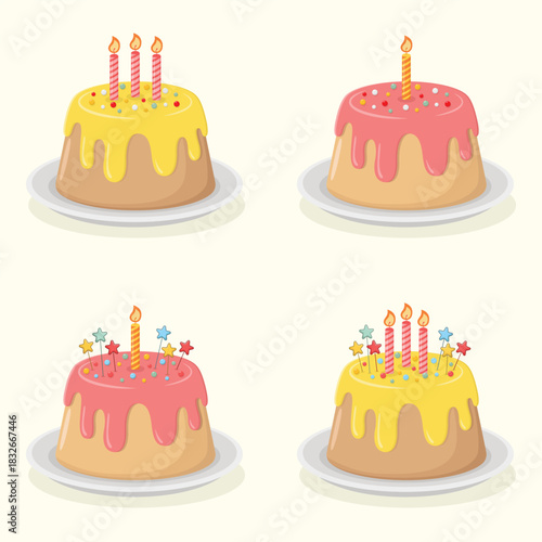 Set of cute little birthday cakes covered in icing and decorated with colourful sprinkles, stars and candles. Sweet dessert vector illustration. 