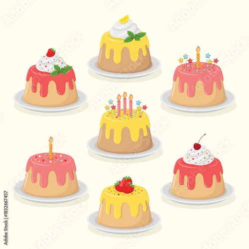 Set of cute little birthday cakes covered in icing and decorated with colourful sprinkles, stars, whipped cream, berries and candles. Sweet dessert vector illustration. 
