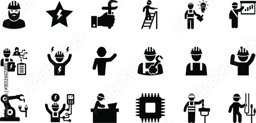 Collection of industrial worker icons representing engineering, construction, maintenance, safety, automation, electrical tasks and technical professions in modern black silhouette vector style