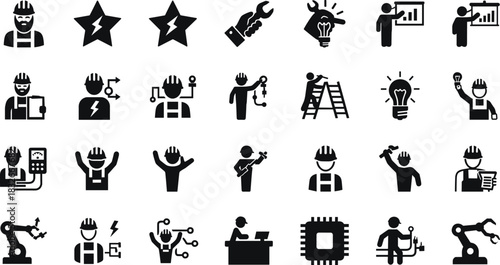 Comprehensive collection of industrial worker icons featuring engineering, maintenance, construction, robotics, electricity, safety, tools, innovation and technical professions in modern vector style