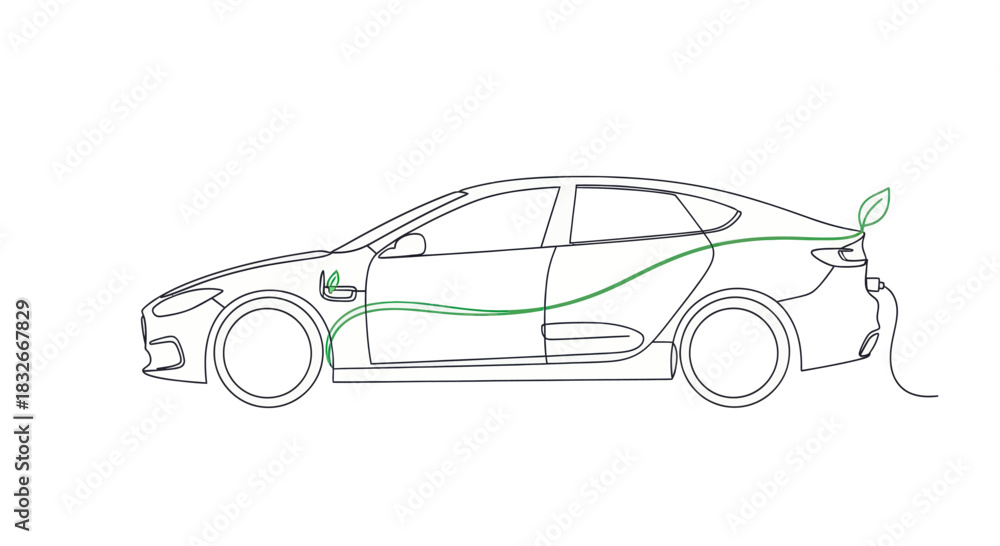 Fototapeta premium Minimalist Line Drawing of a Modern Electric Vehicle with Eco-Friendly Elements