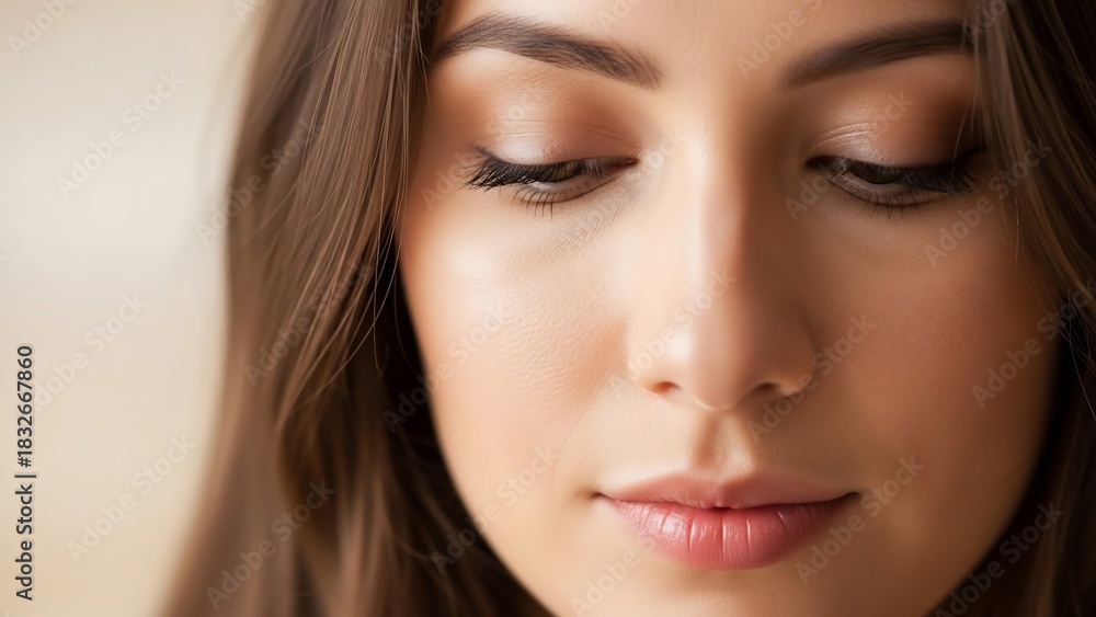 Obraz premium A close-up shot of a young woman with long brown hair and closed eyes, looking down in a serene and contemplative manner.