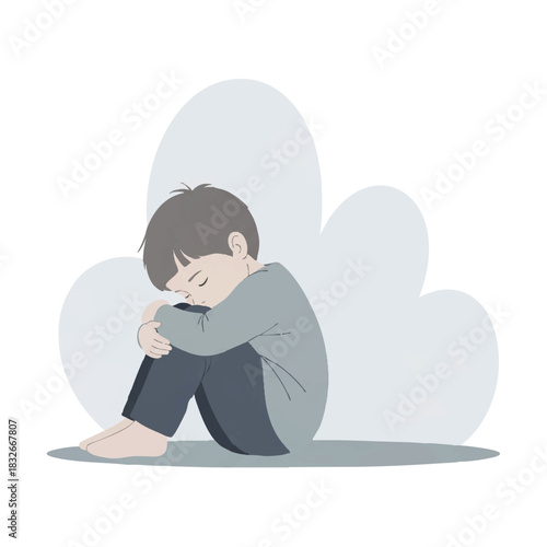 Cartoon illustration of a sad young boy sitting alone with his head down in a gray shirt and dark pants on a white background with light gray shapes.