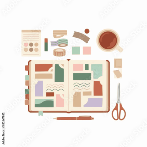 Mindful paper collage workspace with coffee