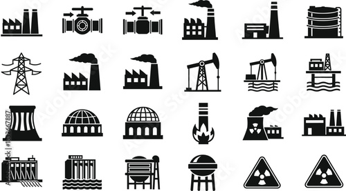 Comprehensive industrial energy production icon set featuring power plants, oil rigs, factories, pipelines, nuclear symbols and various utility infrastructure illustrations