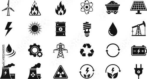 Comprehensive vector set of energy, power, renewable resources, electricity, recycling, industrial fuel, and environmental sustainability icons designed for modern infographic and technology use.