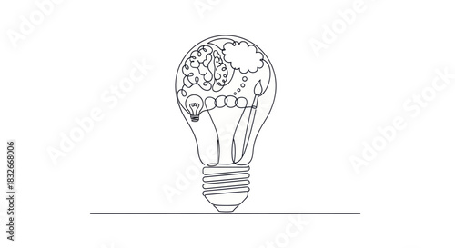 Minimalist Line Art Depiction of a Lightbulb Filled with Creative Brainstorming Elements