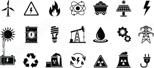 Comprehensive vector set of diverse energy icons illustrating renewable power, fossil fuels, electricity, industry symbols, sustainability elements, 