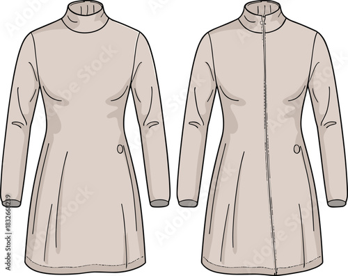 Detailed vector fashion illustration showing women's long sleeve tunic coat with high collar front and back technical flat design view
