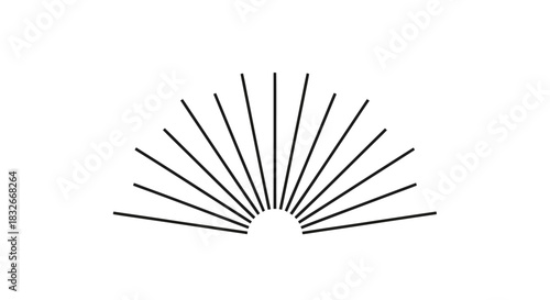 Minimalist black and white abstract illustration of a stylized rising sun with radiating lines