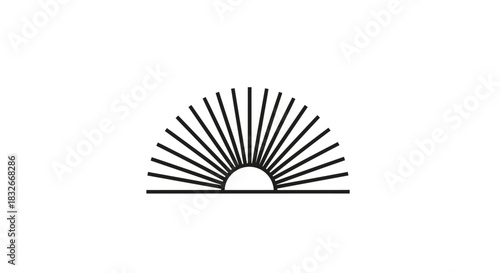 Stylized minimalist depiction of a rising sun with radiating lines in black and white