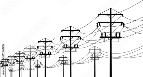 Detailed vector illustration of multiple electricity transmission poles with overhead power lines showing energy distribution infrastructure in a scalable industrial design.