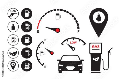 Gas station set. Monochrome collection of petrol icons - fuel, location, car, meter sign, pump. Equipment and oil production, black and white pictograms isolated.