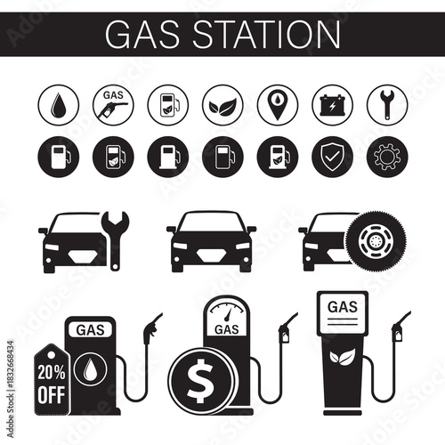 Gas station set. Monochrome collection of petrol icons - fuel, location, car, meter sign, repair, pump. Equipment and oil production, black and white pictograms isolated.