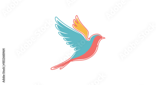 Colorful stylized illustration of a bird in flight with vibrant wings and flowing tail design