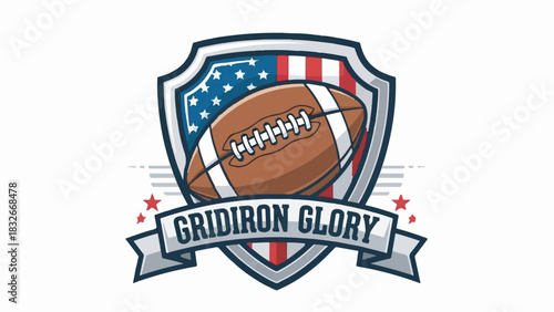 Vintage American Football Emblem Vector Logo with US Flag Shield and "GRIDIRON GLORY" Text
