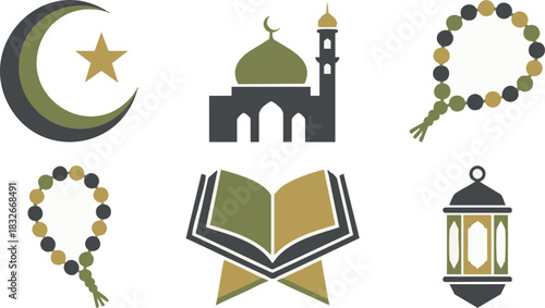 Islamic Icons Mosque, Quran, Crescent, Beads, and Lantern for Design