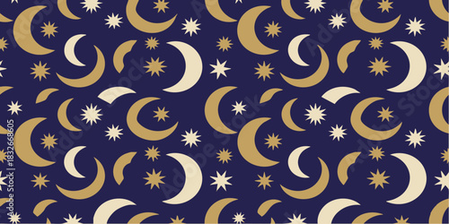 Seamless celestial pattern with moons and stars against a dark blue background for a dreamy design concept