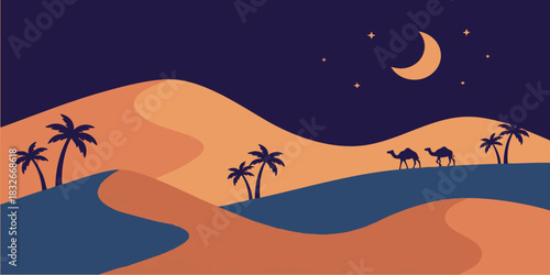 Desert Night Scene with Camels and Palm Trees Under a Crescent Moon and Stars