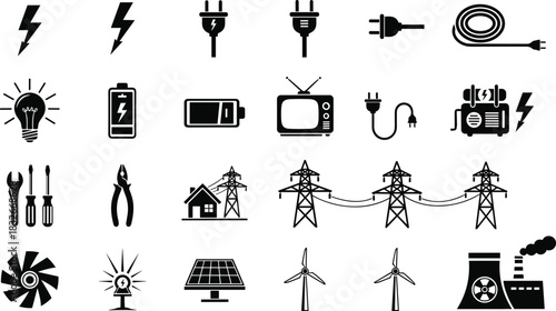 Electricity and power generation vector icon set featuring plugs, tools, batteries, solar panels, wind turbines, transmission towers and energy equipment.