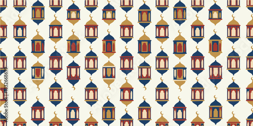A vibrant and festive repeating pattern of traditional Arabic Fanous lanterns, a seamless background for Islamic holidays and cultural celebrations