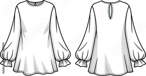 Elegant long-sleeve blouse fashion flat sketch featuring puff sleeves, flared silhouette, back keyhole detail, and clean minimal technical vector design.