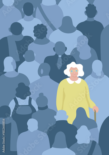 Old woman lady standing in crowd vector illustration. Cartoon only one lonely elderly lady with sad face among group of faceless shadow people of city crowd. Loneliness, dementia, mental health.