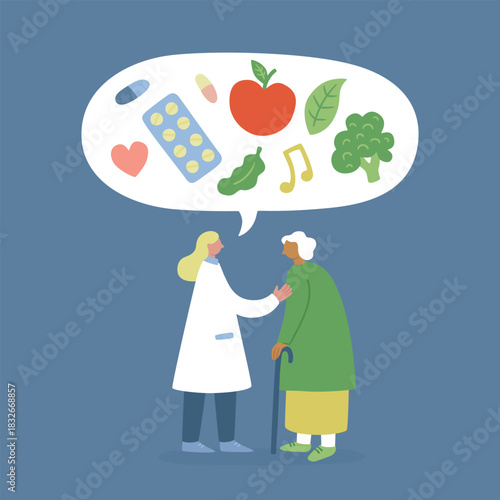 Elderly people support. Vector illustration of senior woman with walking stick and a young female nurse helping her. Health advice, care, consultation.