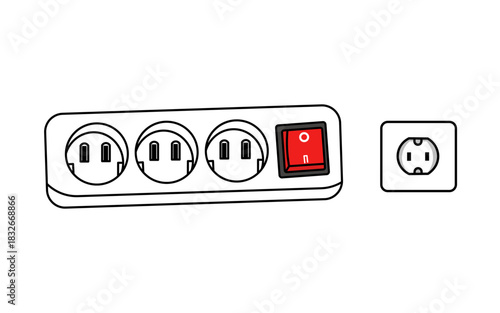 Power Strip with Three Outlets and Red Switch Next to Single Wall Socket