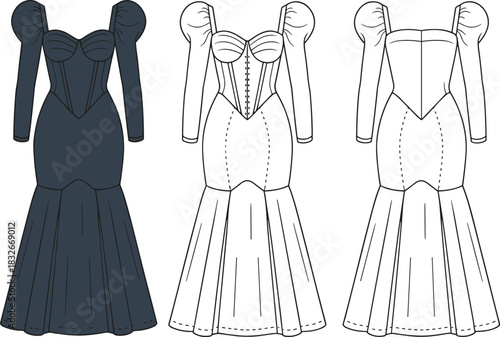 Elegant mermaid evening dress vector illustration featuring corset bodice, puff sleeves, structured panels, flared skirt design, and detailed technical fashion drawing.