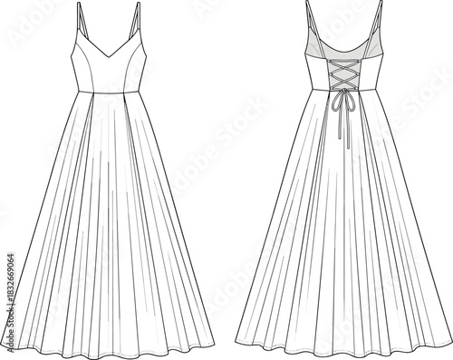 Elegant pleated maxi dress vector illustration featuring strappy bodice, flowing A-line skirt, and detailed lace-up back design for fashion templates