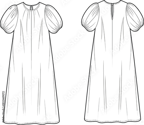 Elegant puff sleeve maxi dress technical fashion flat with front and back views, detailed garment construction, sewing lines, and minimalist vector design.