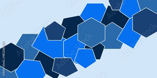 An abstract background featuring a dynamic cluster of overlapping blue and navy pentagons, creating a modern geometric pattern for technology or science concepts