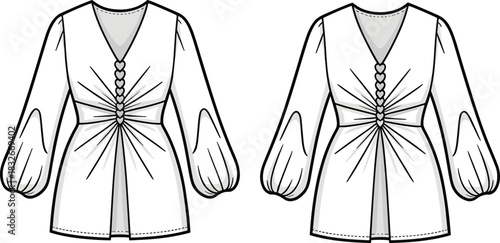 Elegant tunic top fashion vector illustration featuring braided front detail, gathered waist, long puff sleeves, structured silhouette, and professional technical garment sketch.