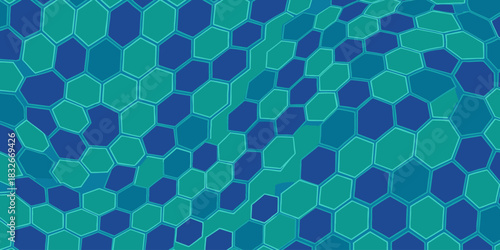 Hexagonal Mosaic Wavy Abstract Pattern of Interlocking Hexagons in Teal and Blue